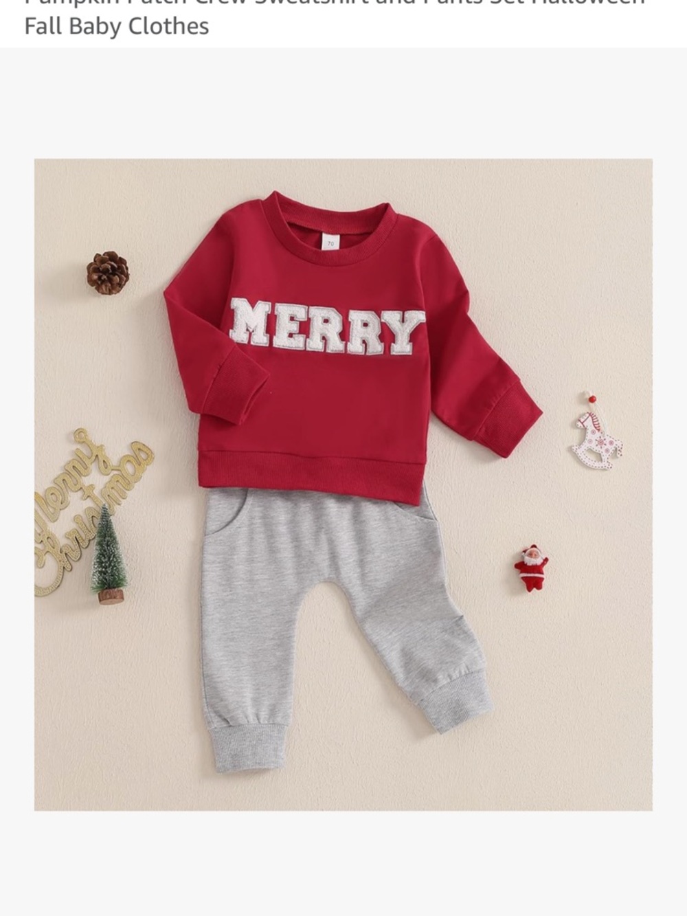 Red "MERRY" Baby Sweatshirt & Gray Pants Set